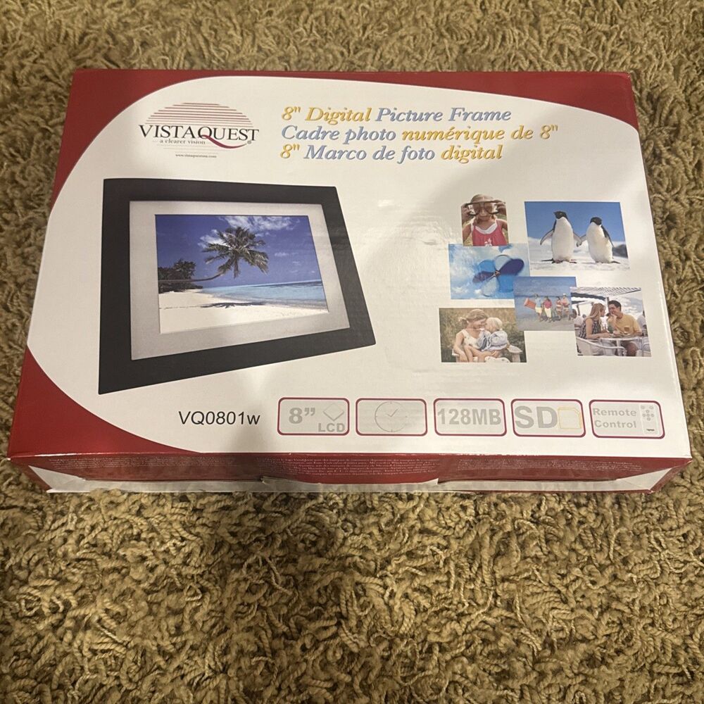 VistaQuest 8" Digital Black Picture Frame W/ Remote Control NEW +Calendar/Clock